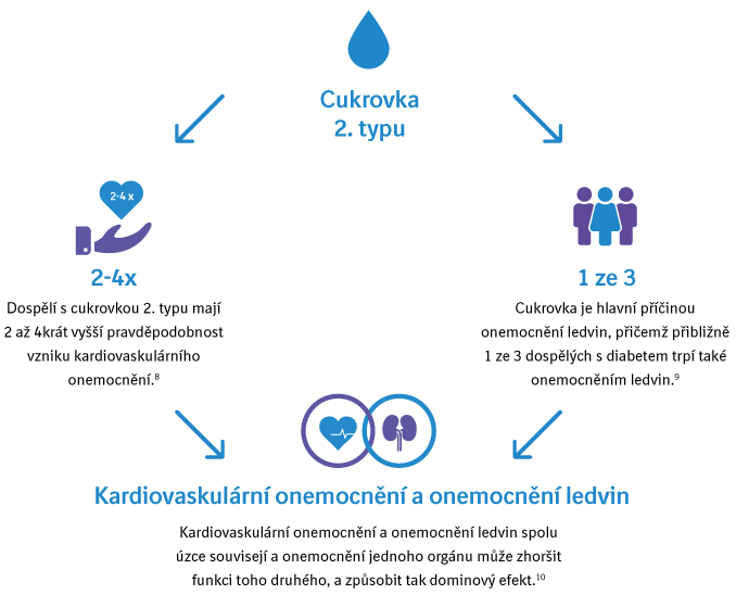 Ilustrace statistik popisujících propojení diabetu 2. typu s kardiovaskulárním onemocněním a onemocněním ledvin. Oslaď to cukrovce